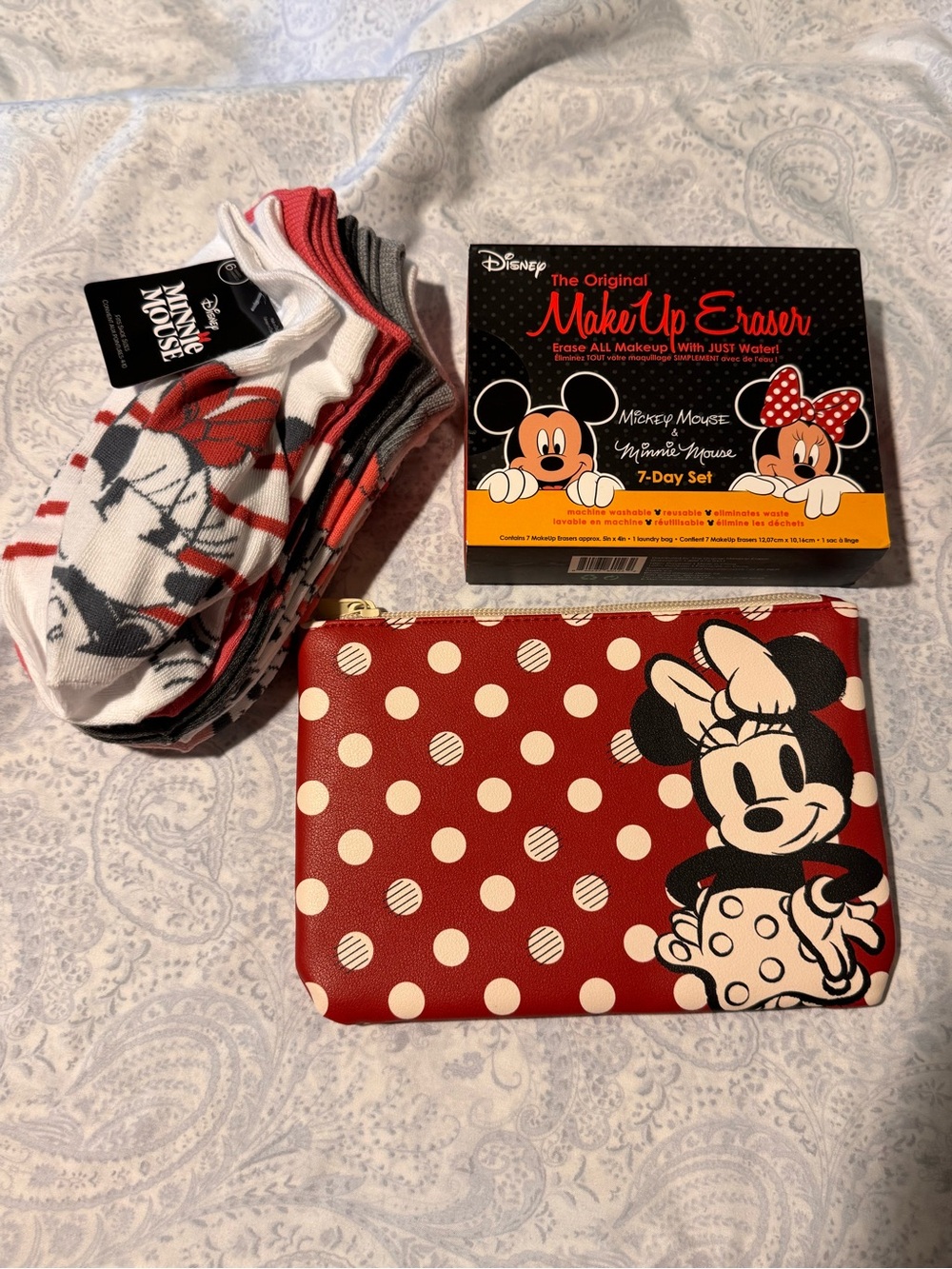 Disney Minnie Mouse Red Polka Dot Zipper Cosmetic Pouch + Socks + Makeup Eraser